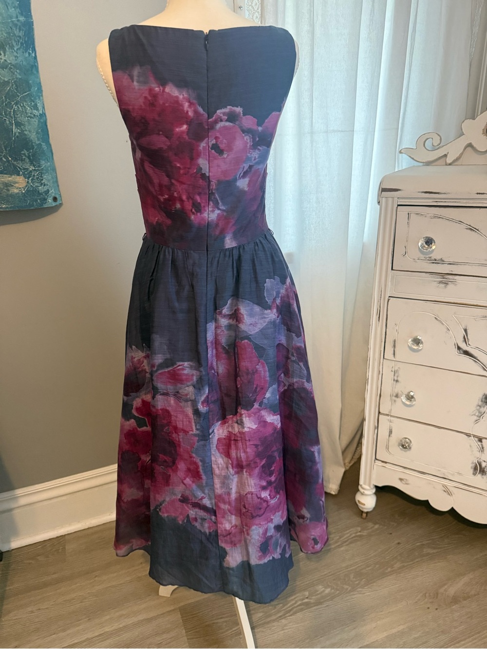 Lela Rose Women's Gray Watercolor Sleeveless V-Neck Silk Blend Dress Size 4 - Picture 4 of 6